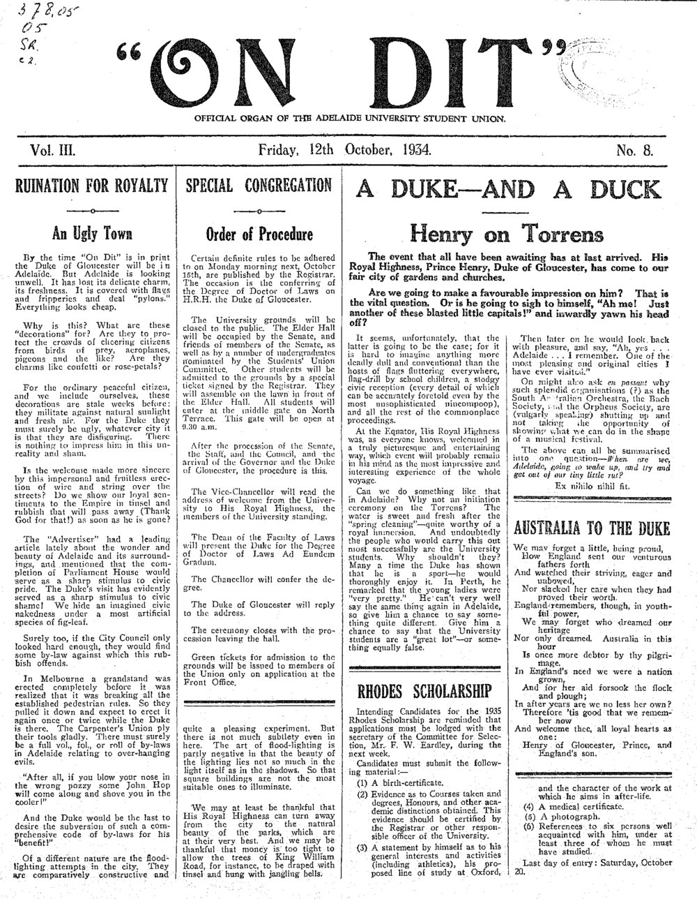 On Dit. Volume 3, Issue 8