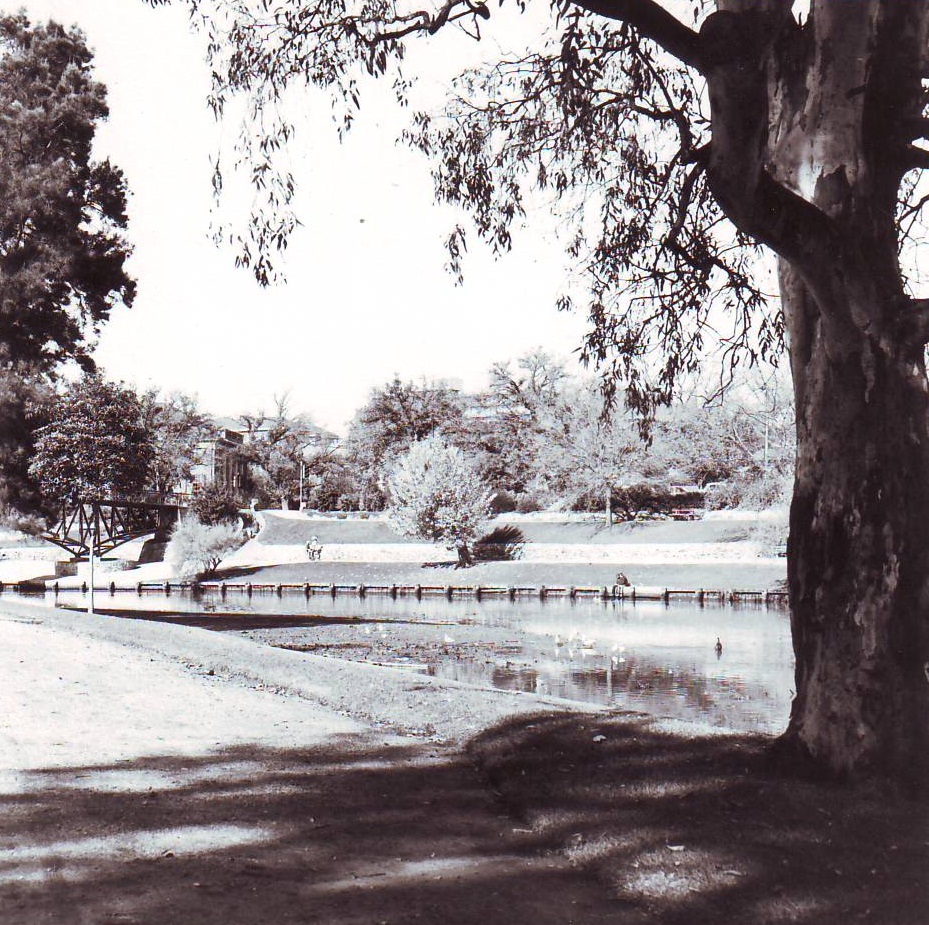 University Footbridge and River Torrens, c1975
