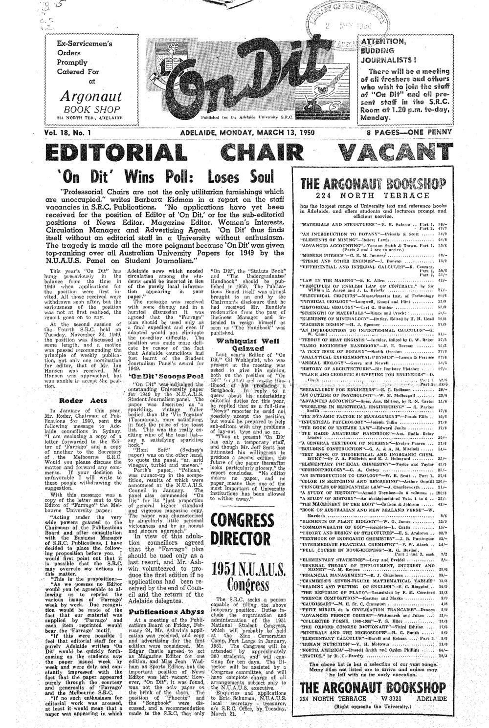 On Dit. Volume 18, Issue 1