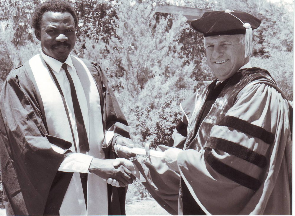 Barrie Thistlethwayte Congratulates Tanzanian Rubera Mtani, 1989