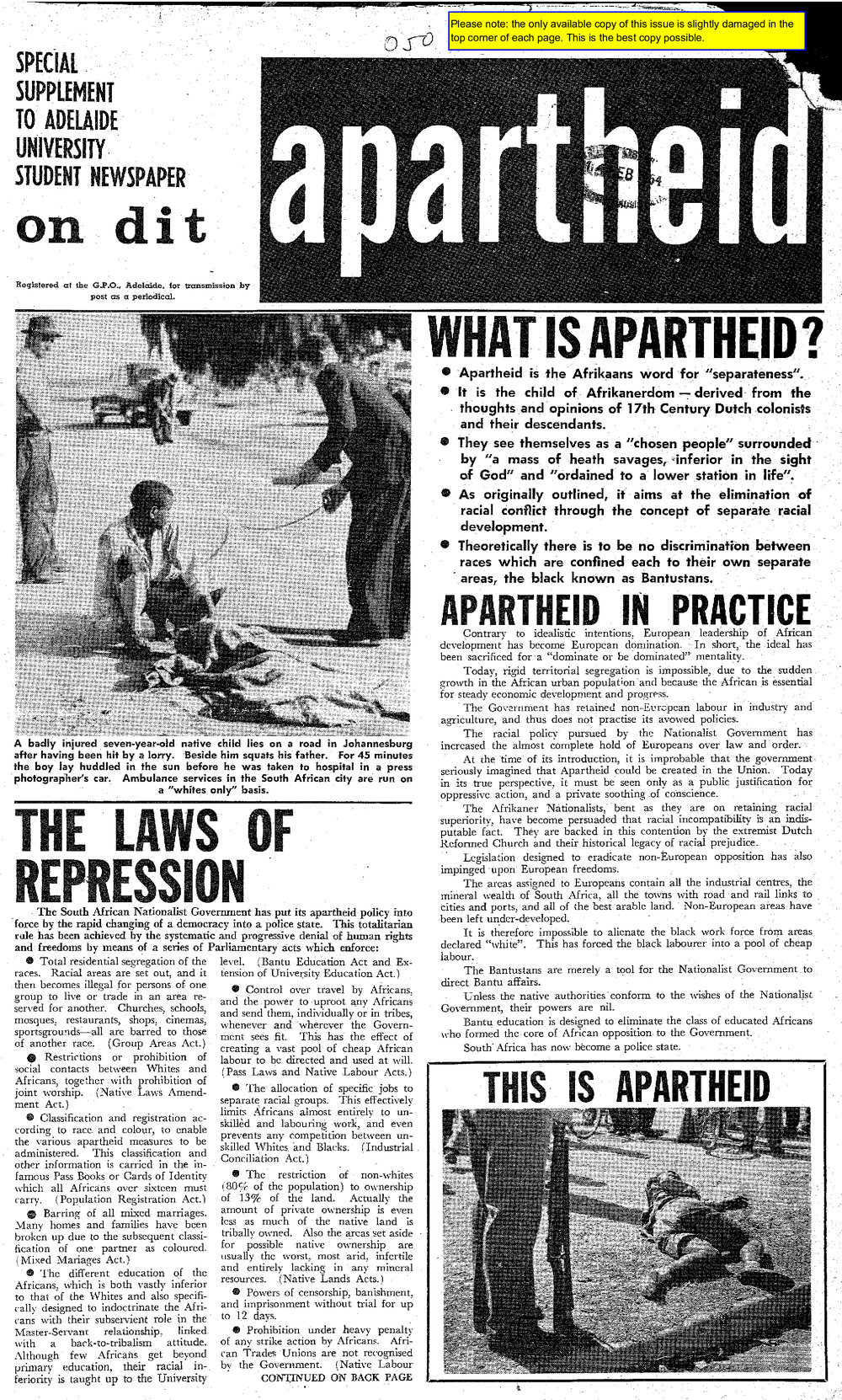 On Dit. Volume 31, Apartheid Supplementary Issue.