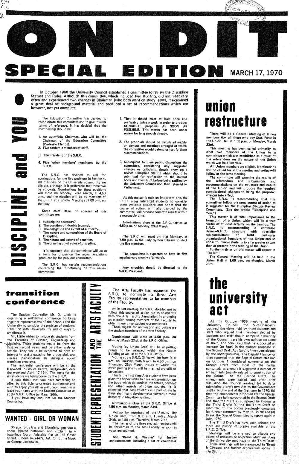 On Dit. Volume 37, Special Edition - March