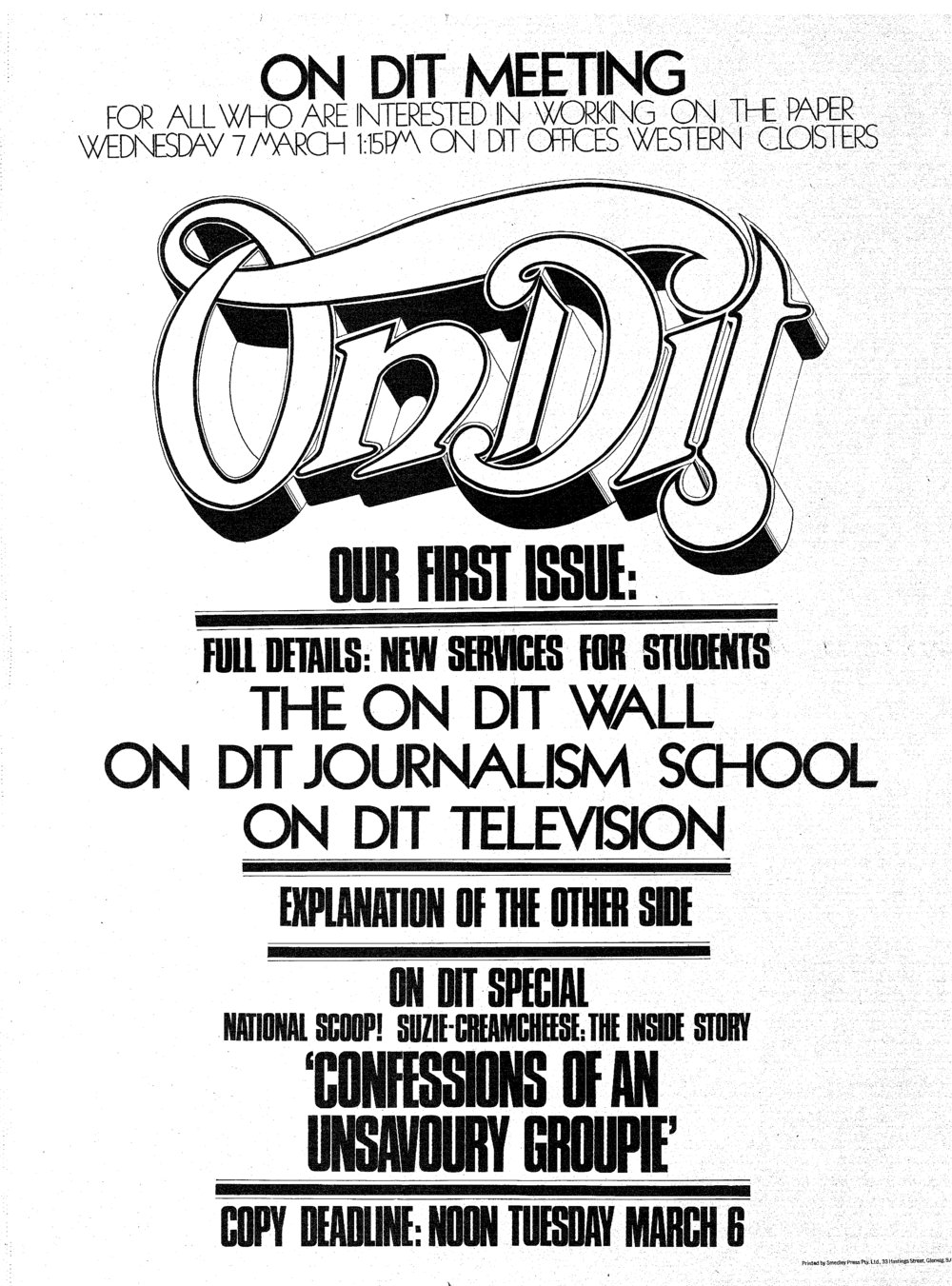 On Dit. Volume 41, Calendar