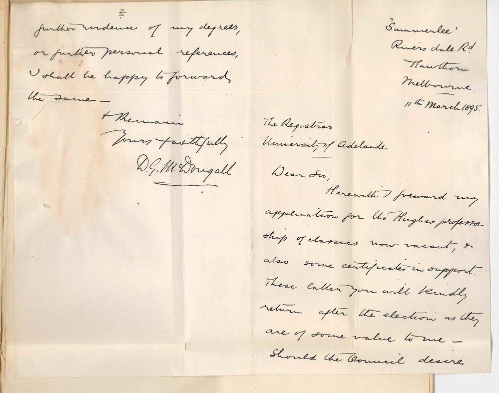 D G McDougall - Application for Hughes Professorship of Classics