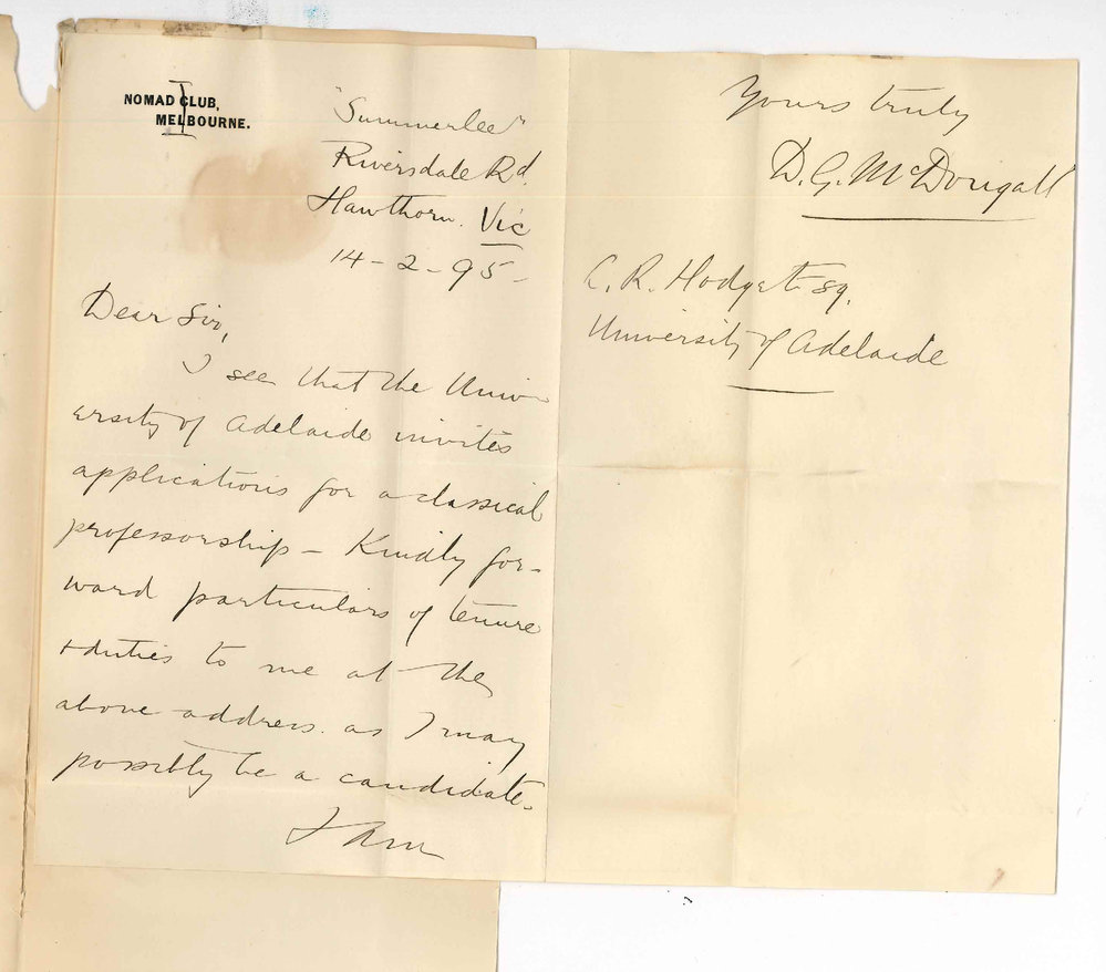 D G McDougall - Asking for particulars of Hughes Professorship of Classics