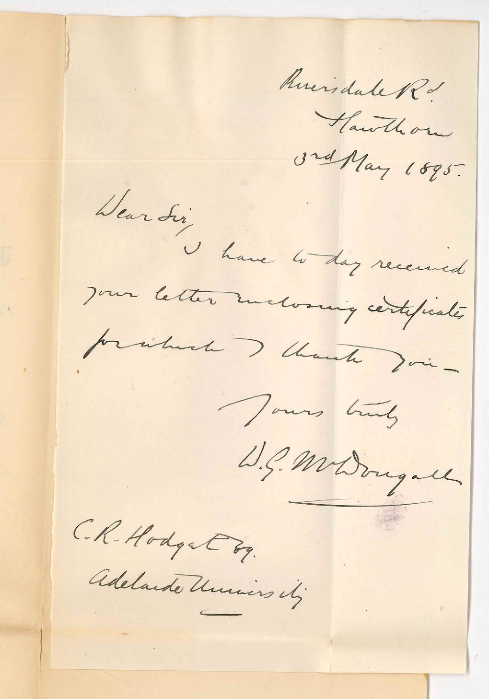 D G McDougall - Acknowledging receipt of returned testimonials