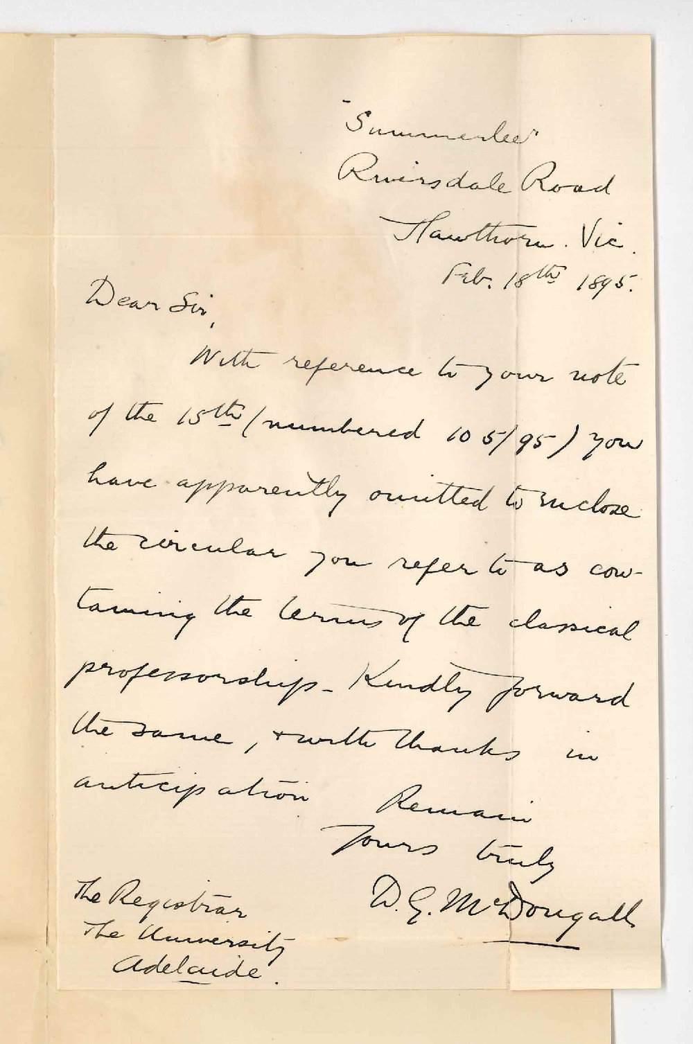 D G McDougall - Circulars re Hughes Professorship of Classics omitted from last letter