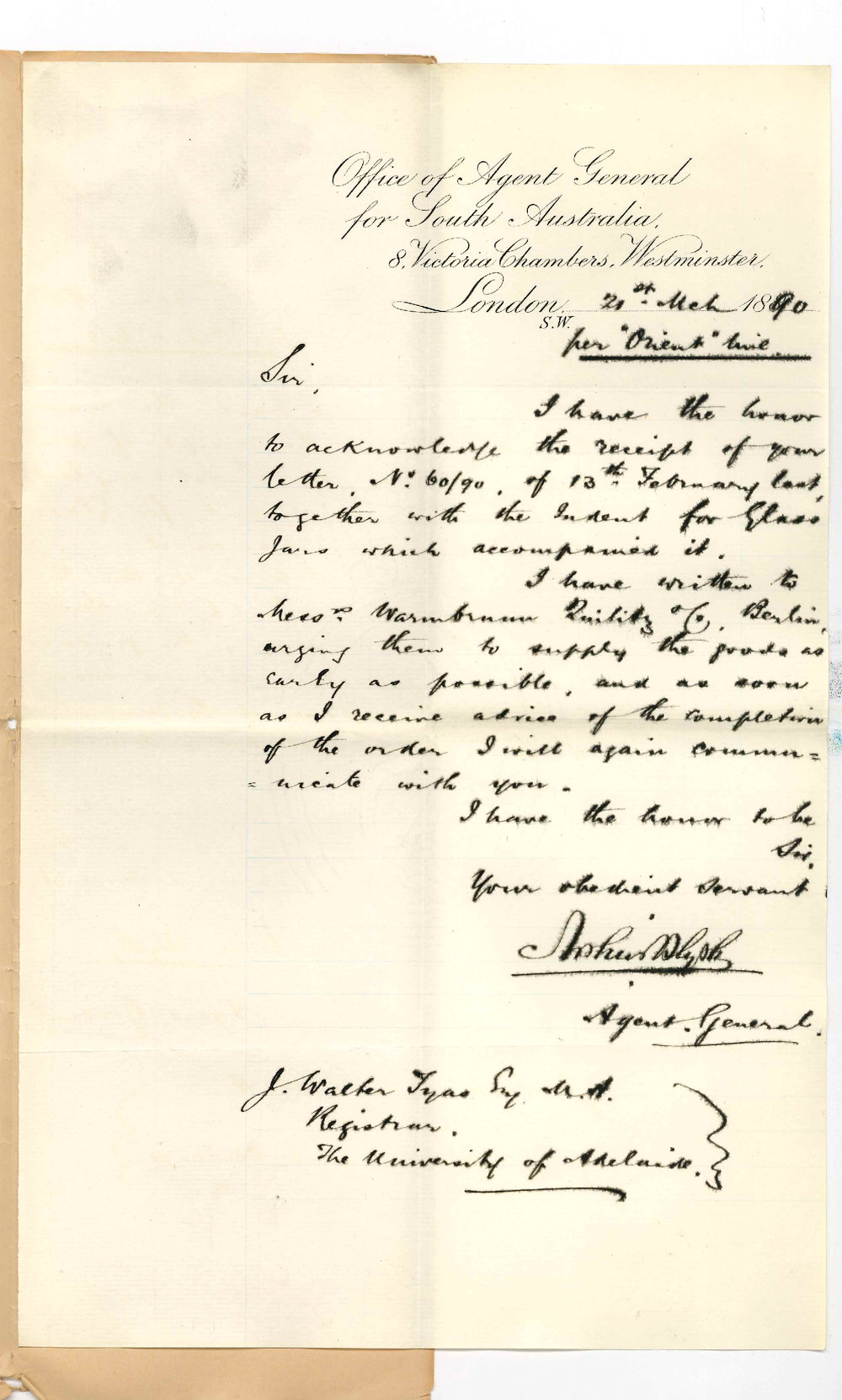 Agent General - London - Receipt of Indent for glass jars from Warmbrunn Quilitz and Co
