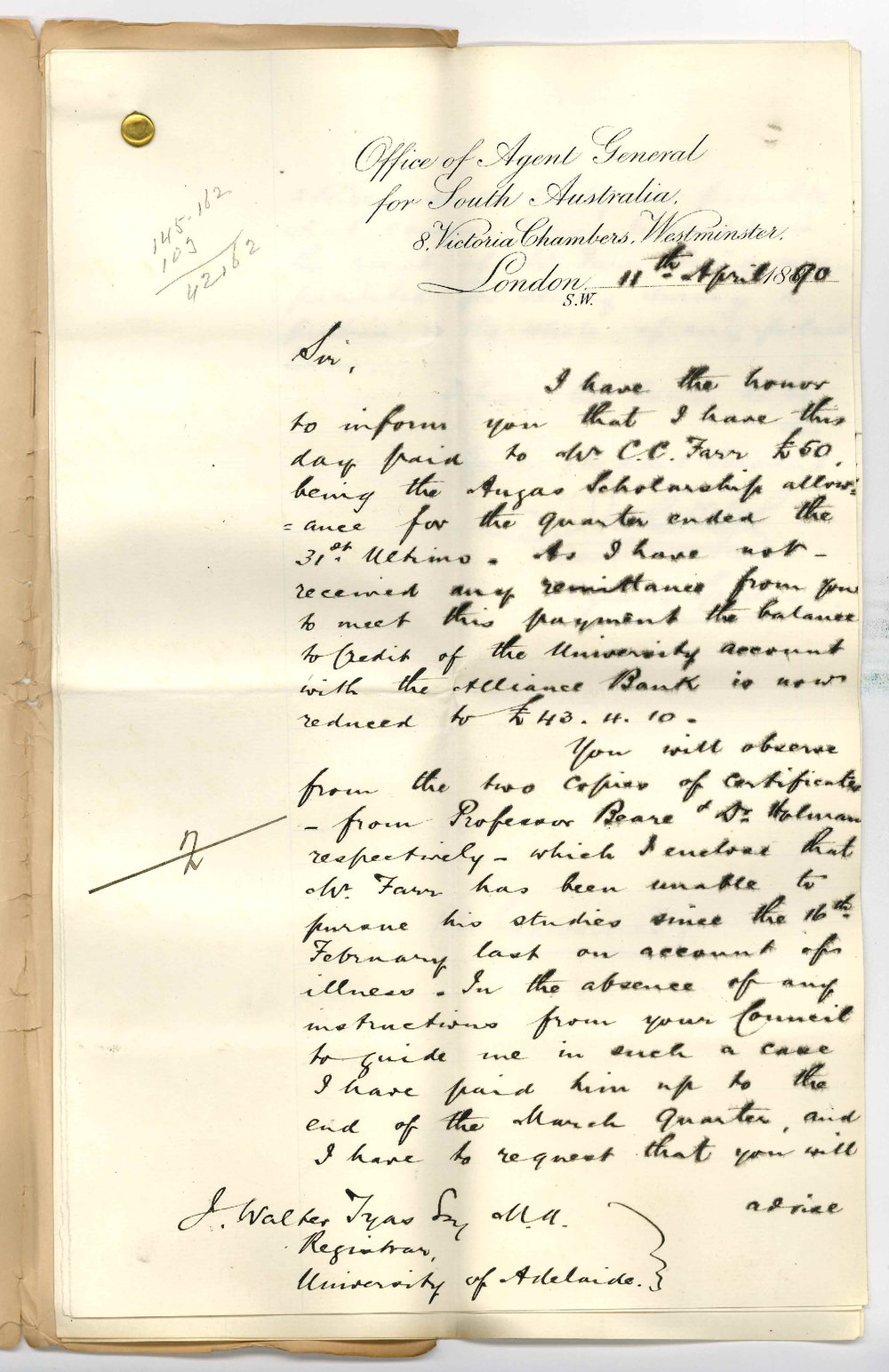 Agent General - London - Report concerning Angas Scholar Mr C Colendge Farr