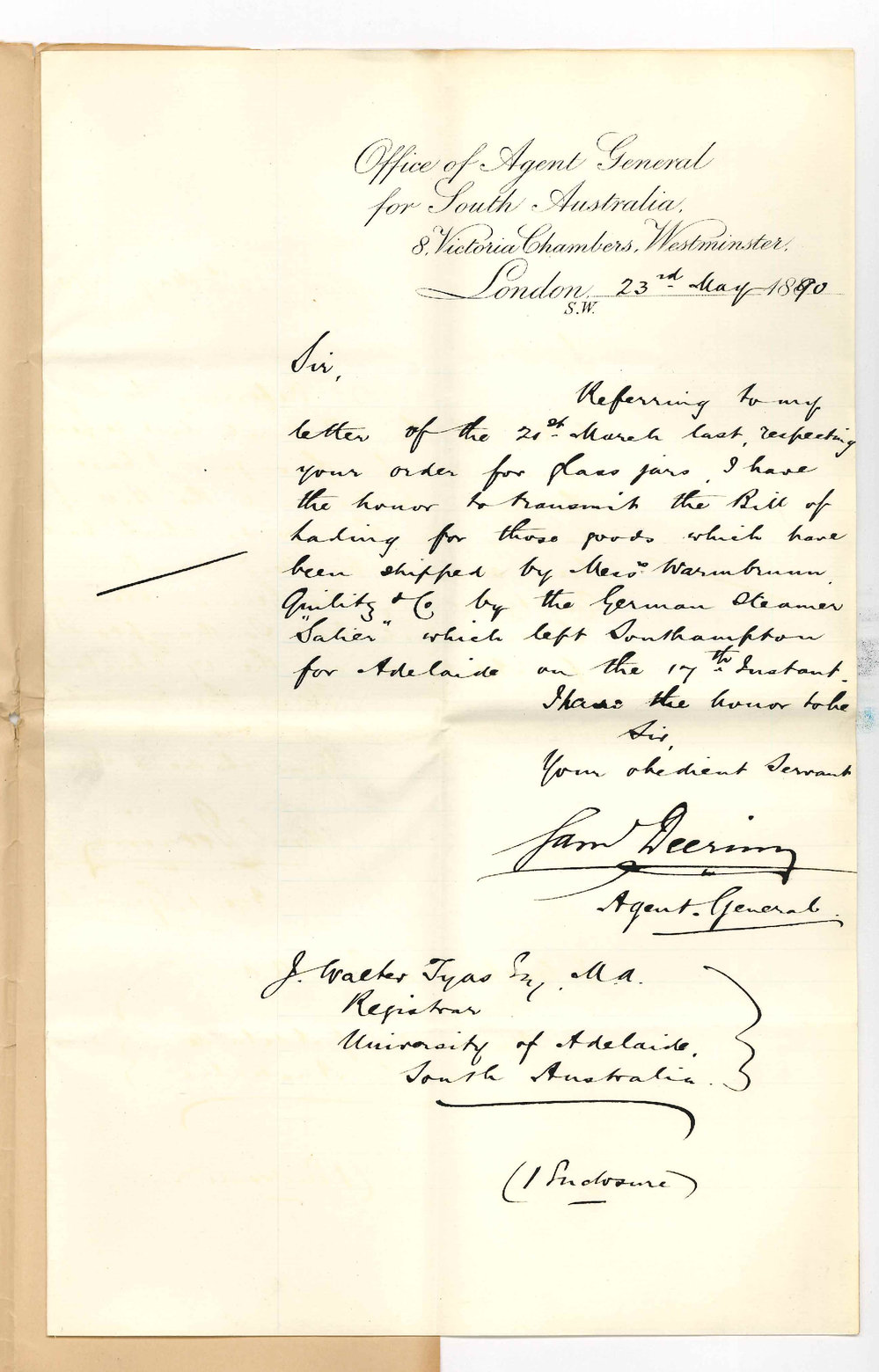 Agent General - London - Shipment of Glass Jars from Warmbrunn Quilitz and Co