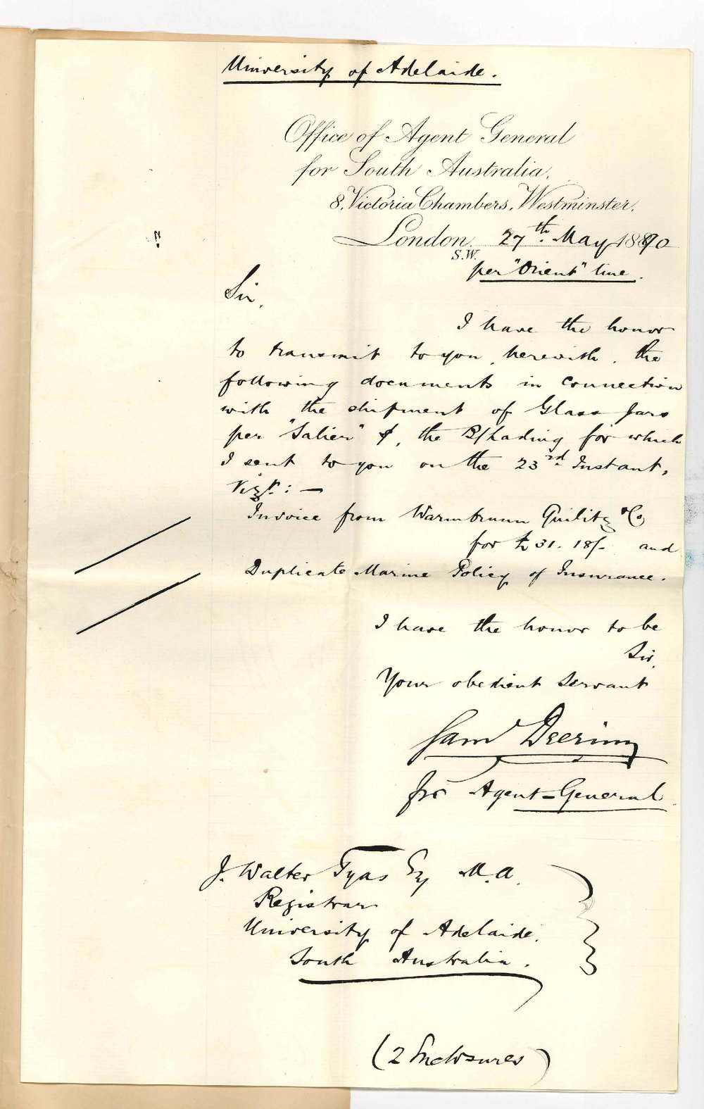 Agent General - London - Forwarding Invoice of goods from Messrs Warmbrunn Quilitz and Co
