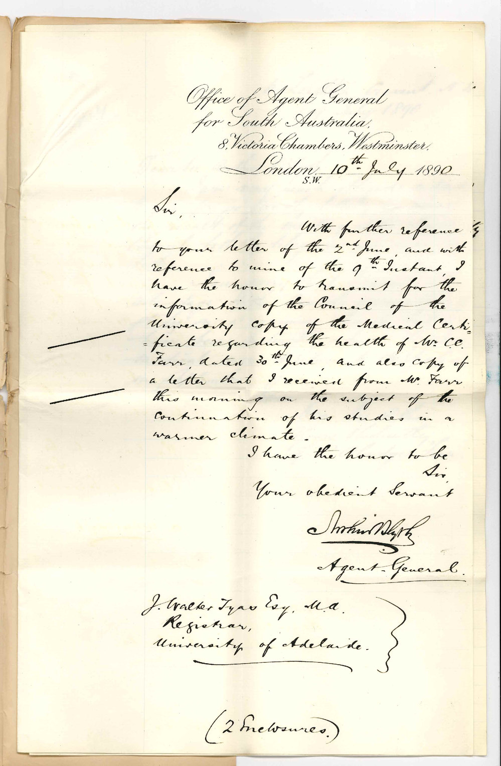 Agent General - London - Concerning the illness of Mr C Colendge Farr - Angas Scholar