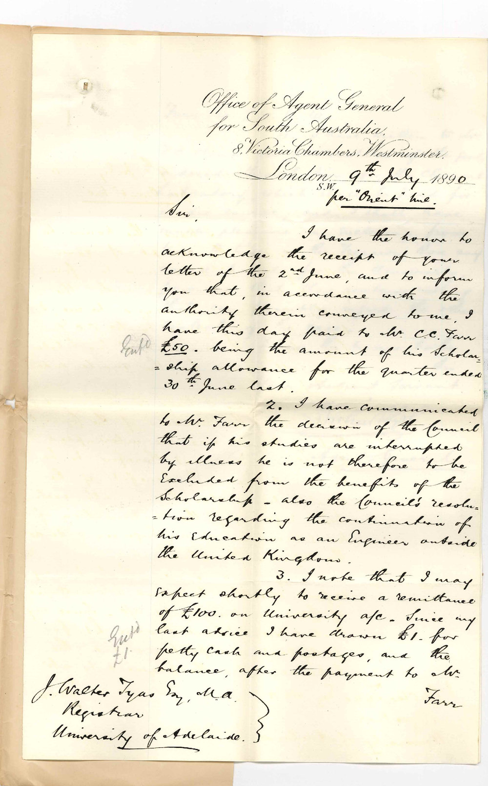 Agent General - London - Payment of Scholarship money to Mr Farr - Balance at Bank