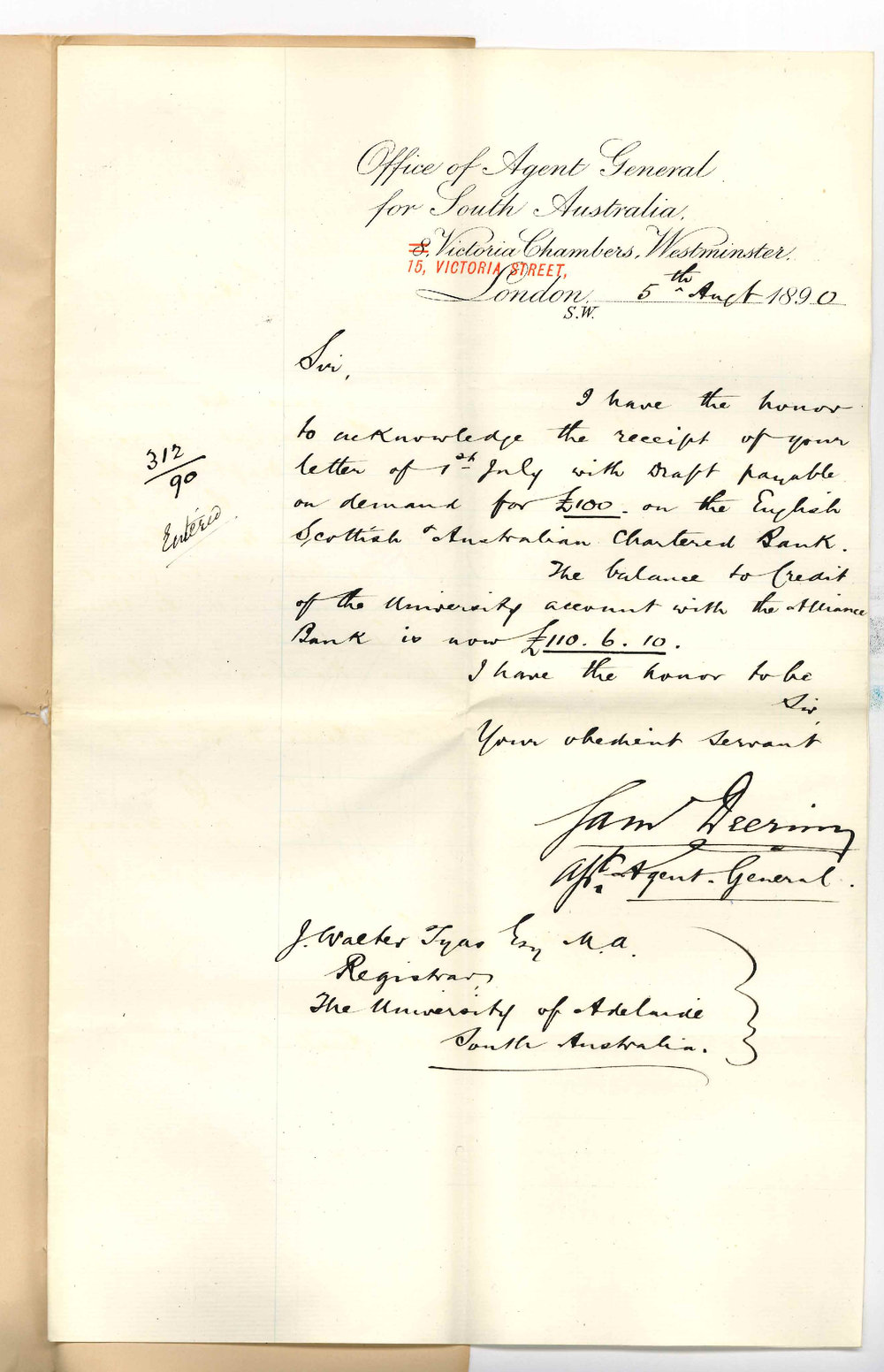 Agent General - London - Receipt of draft for &pound;100