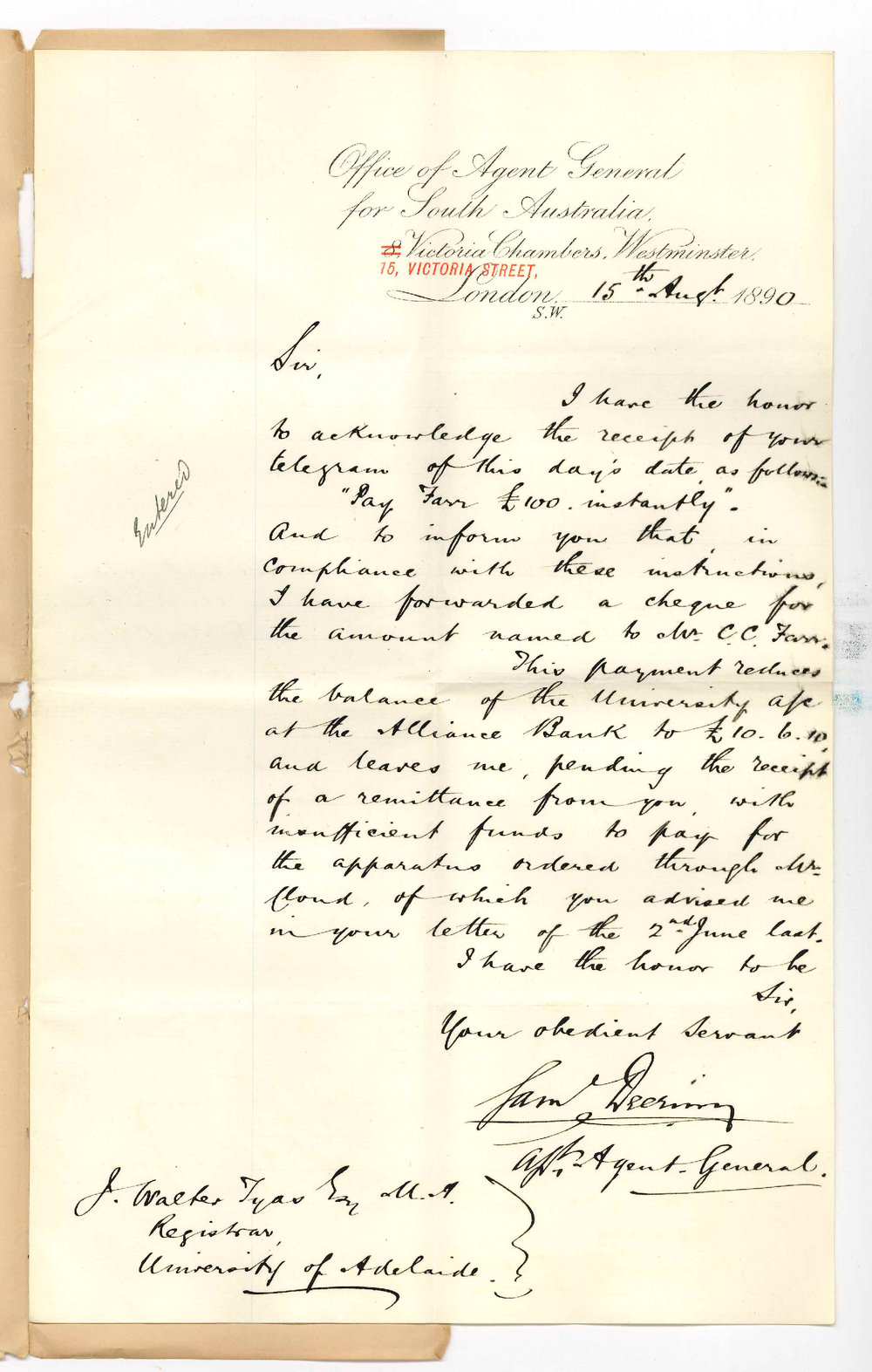 Agent General - London - Regarding payment of &pound;100 to Angas Scholar