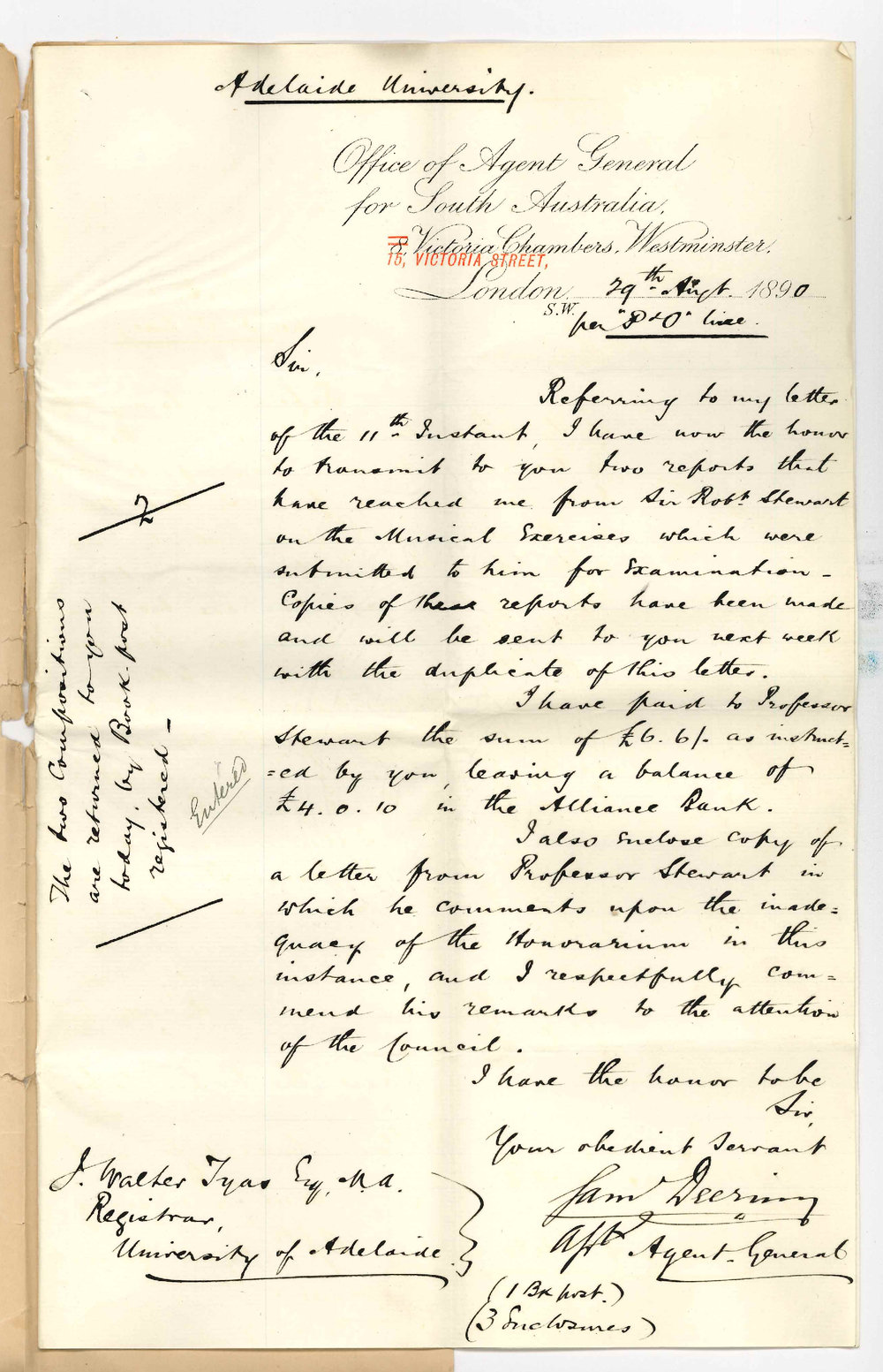 Agent General - London - Report from Sir Robert Stewart - Examiner for Music of Bachelor Compositions