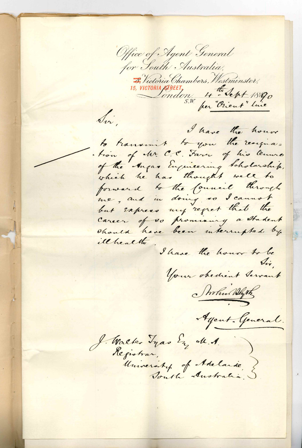 Agent General - London - Resignation of C Colendge Farr as Angas Engineering Scholar