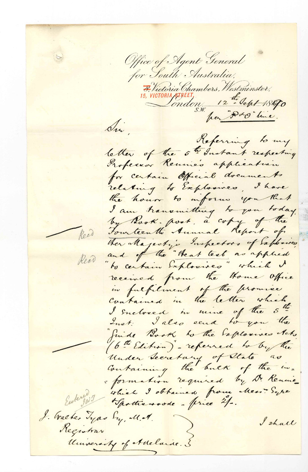 Agent General - London - Professor Edward Henry Rennie re explosives - TC Cloud order for apparatus - Date of Mr C Colendge Farr return