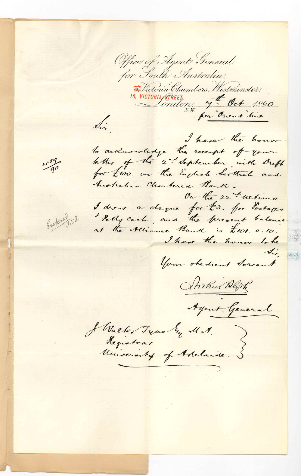 Agent General - London - Acknowledges receipt of draft of &pound;100