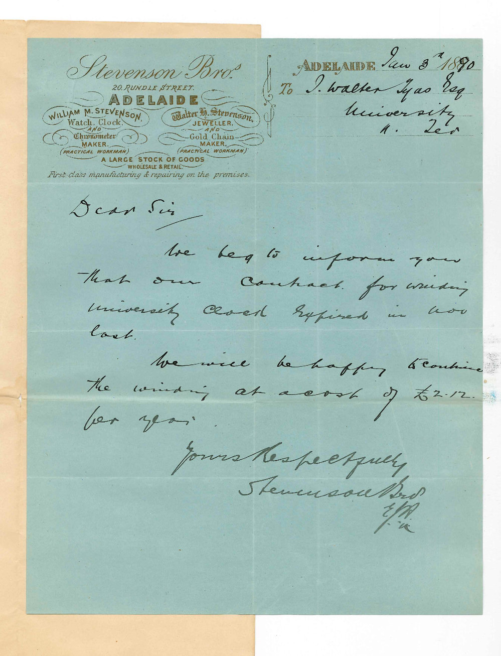 Stevenson Brothers - Rundle Street - Contract for winding University clock