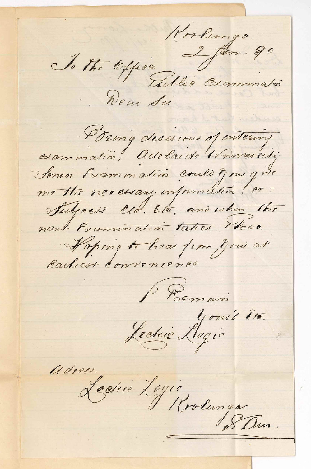 Lockie Logie - Koolunga - Subjects for Senior Examination in 1890