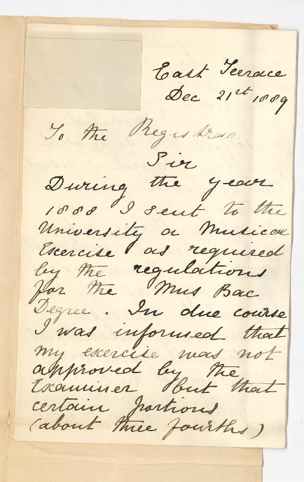 Miss Anna Whittell - East Terrace - Concerning rejection of Music of Bachelor Exercise