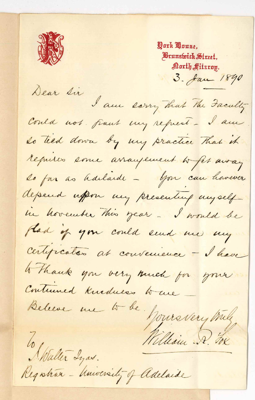 William R Fox - Victoria - Asking for return of Certificates