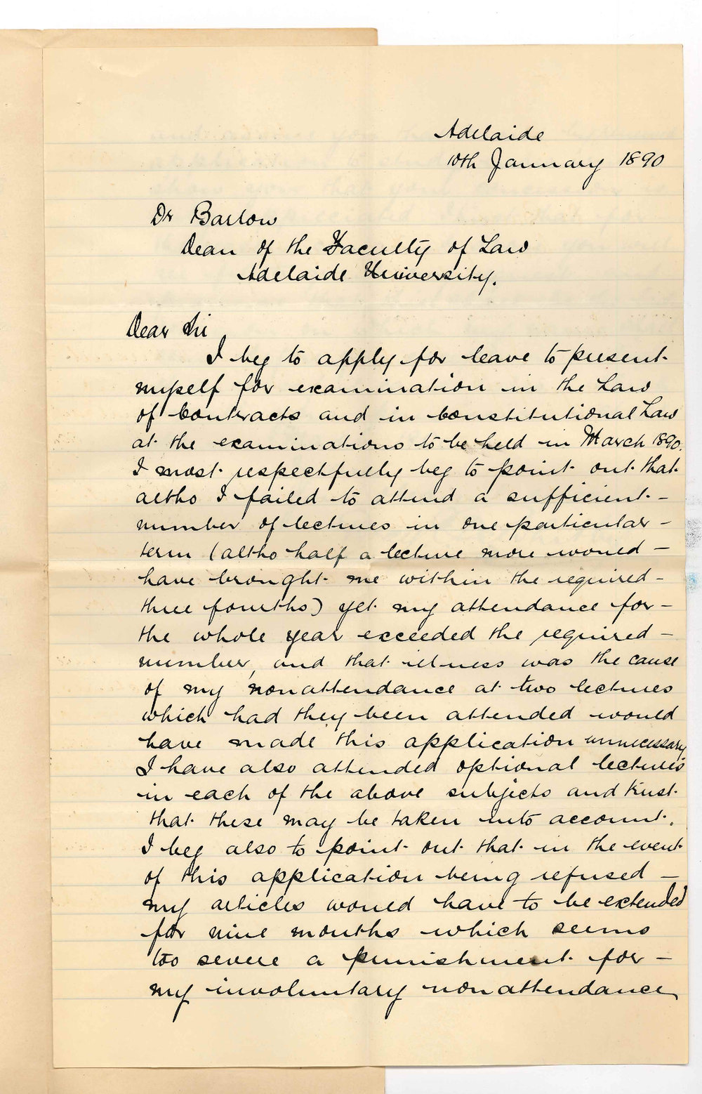 Percy E R Whitby - Adelaide - to Dr William Barlow - Permission to come up for examination in March