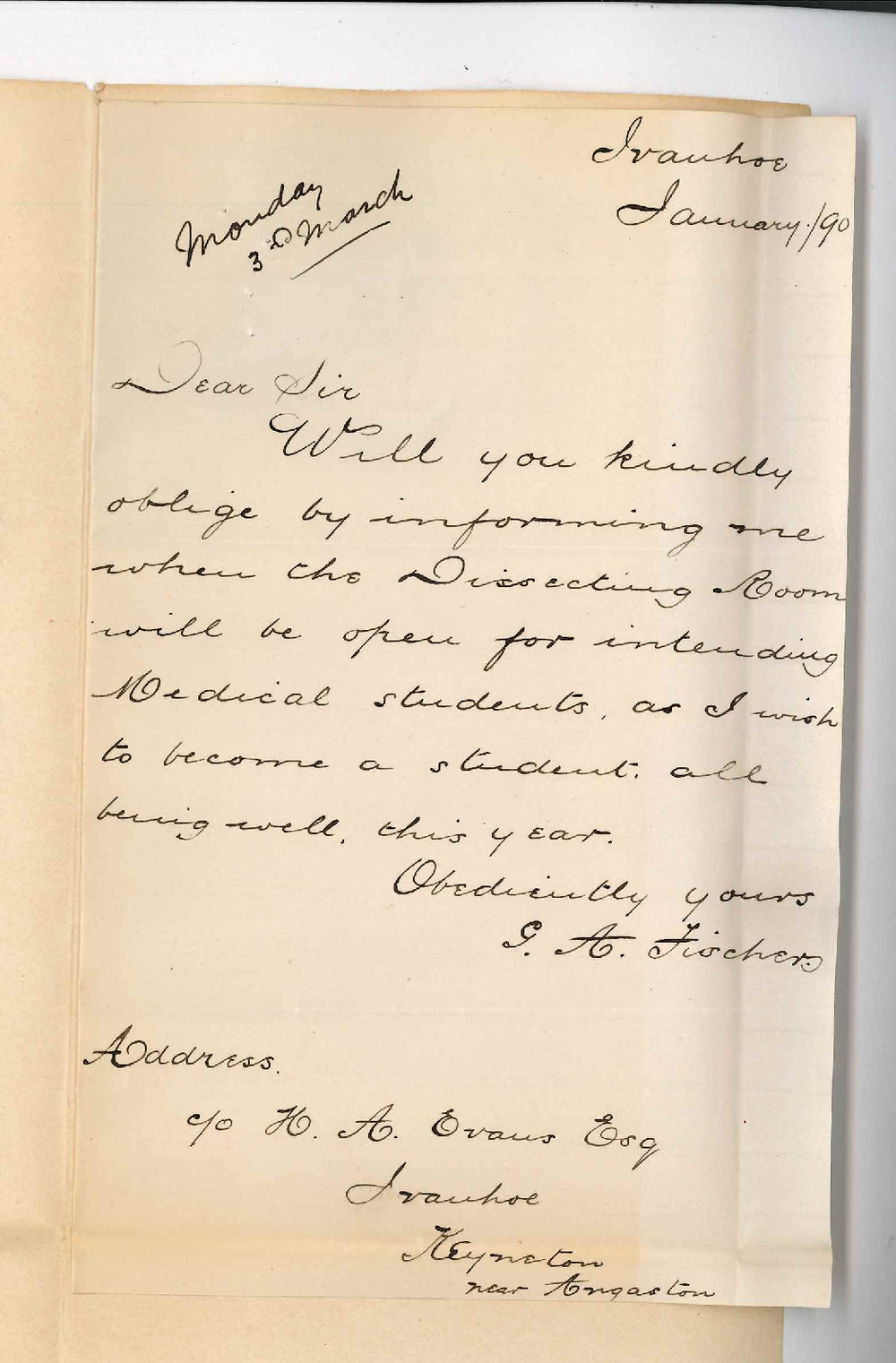 George Alfred Fischer - Keyneton - Date on which new MB students may use Dissecting Room