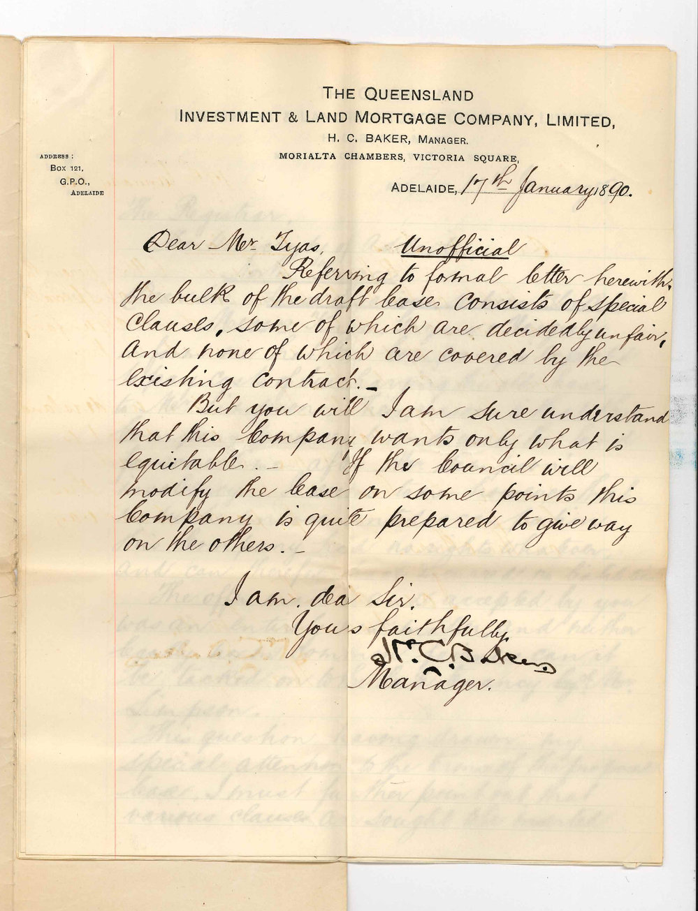 H C Baker - Queensland Mortgage Company - Asking that terms of lease for Tatiara land may be modified