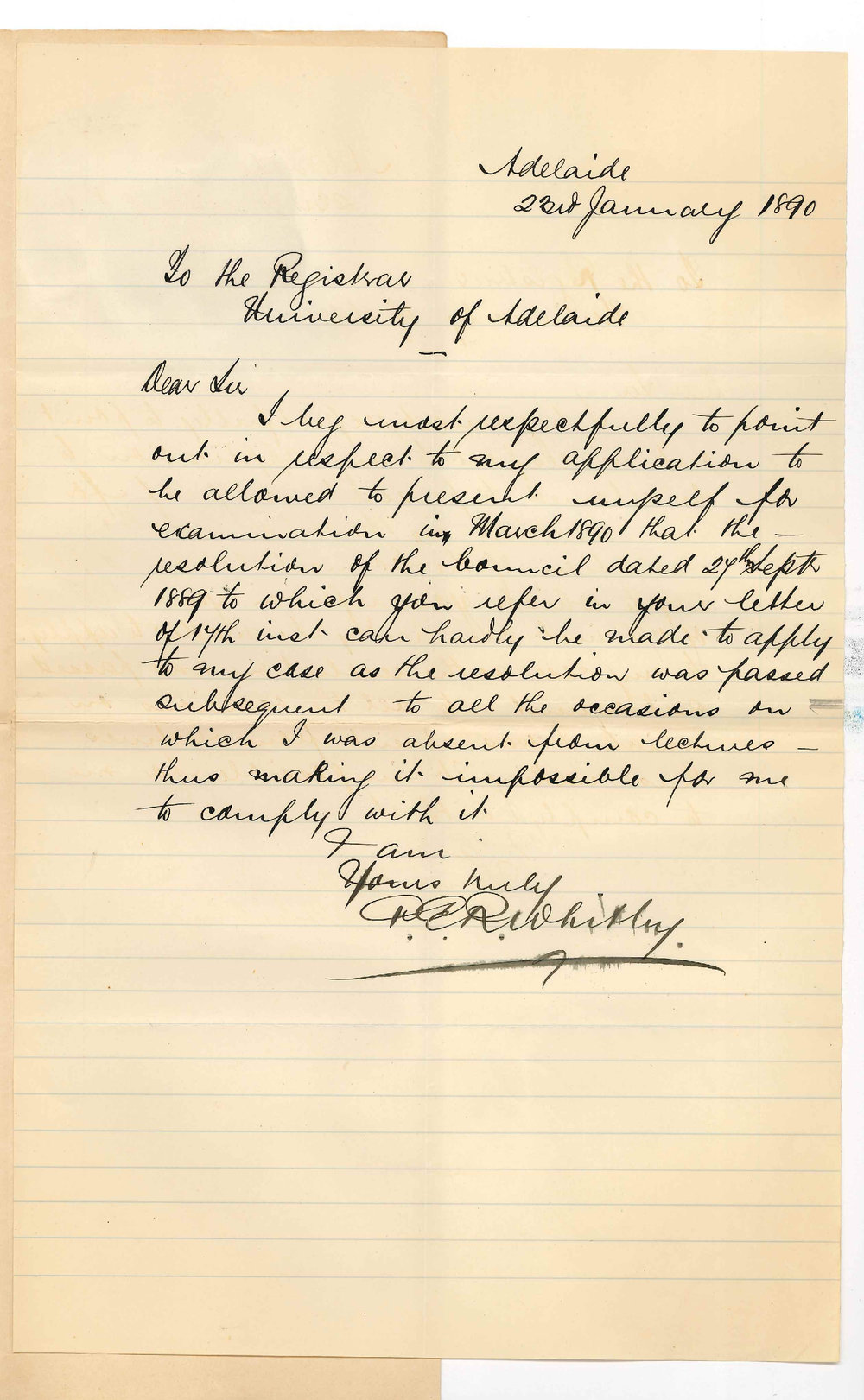Percy E R Whitby - Adelaide - Permission to present himself for examination in March