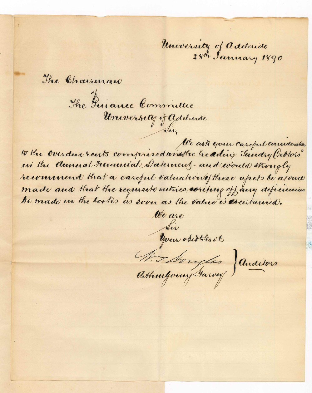 W S Douglas - Arthur Young Harvey - Auditor - Advise writing off arrears of rent