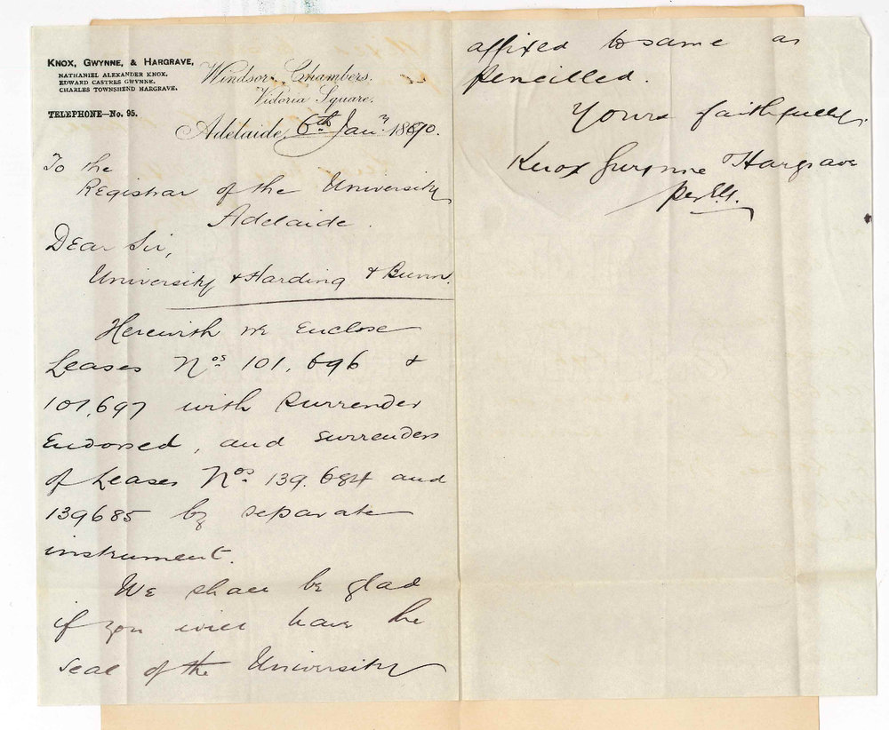 Knox Gwynne and Hargrave - Victoria Square - Surrender of Harding and Bunn lease of Tatiara