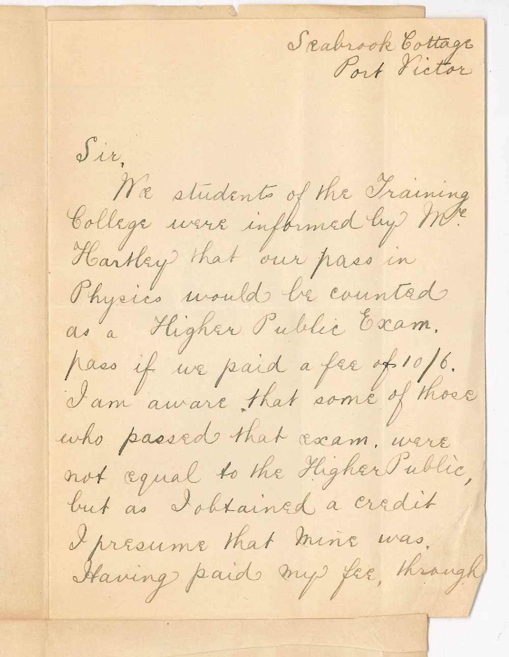 Miss Frances Tuck - Training College Student - Port Adelaide - Asking for Certificate of having passed in Physics in Higher Public Examination