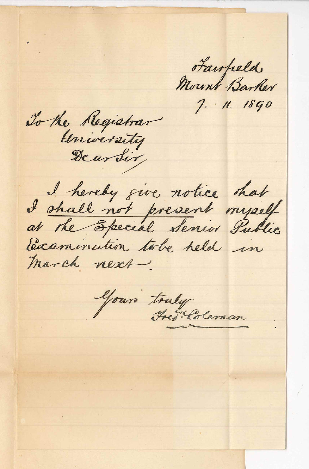 Frederick Coleman - Mount Barker - Withdraws from Special Senior Examination in March