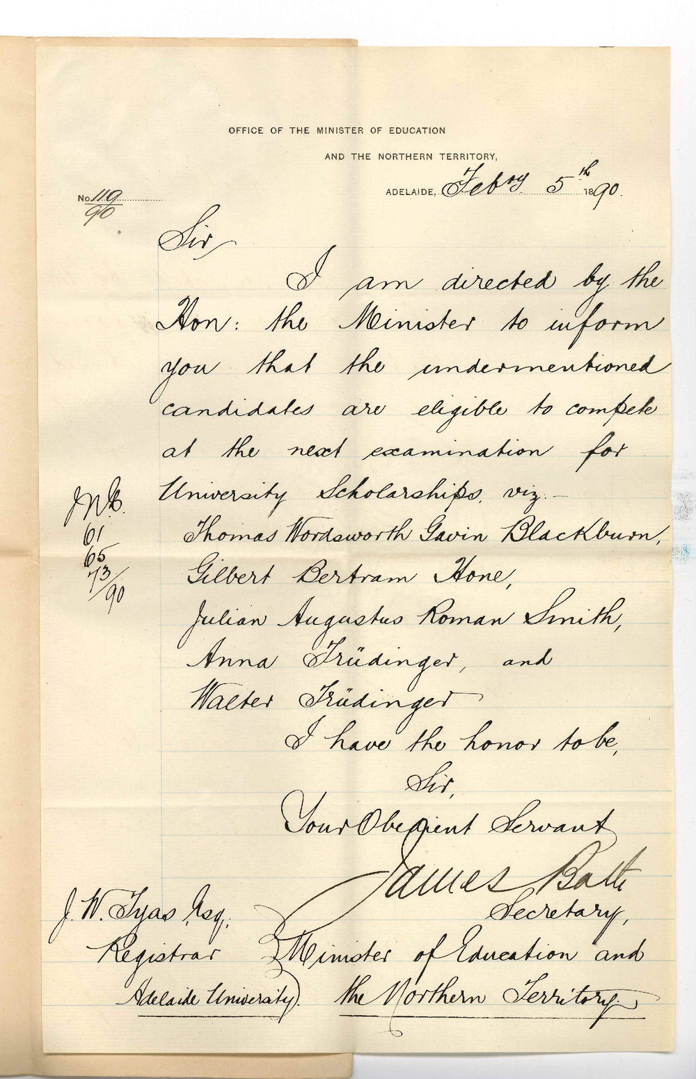 Minister of Education - Adelaide - Candidates for University Scholarships March 1890