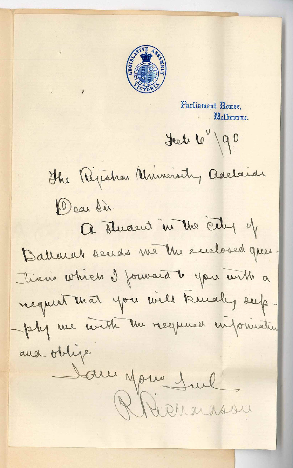 R Richardson - Melbourne - Concerning LLB Course