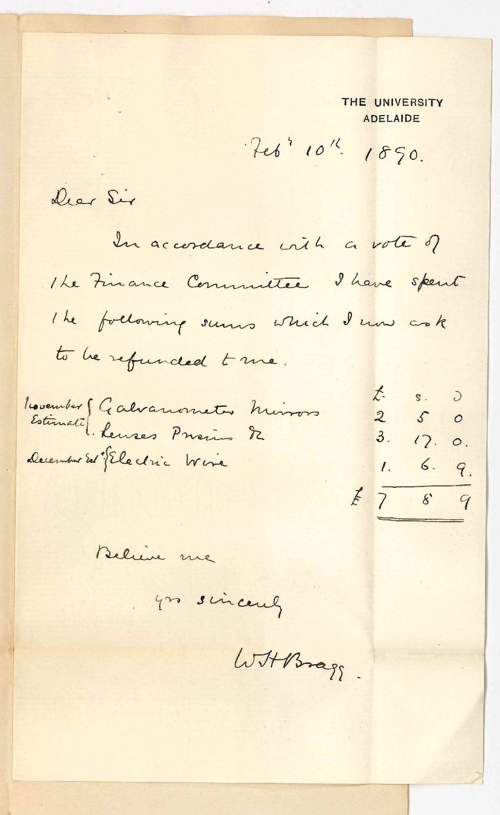 Professor William Henry Bragg - The University - Asking for refund of amount spent in purchase of apparatus