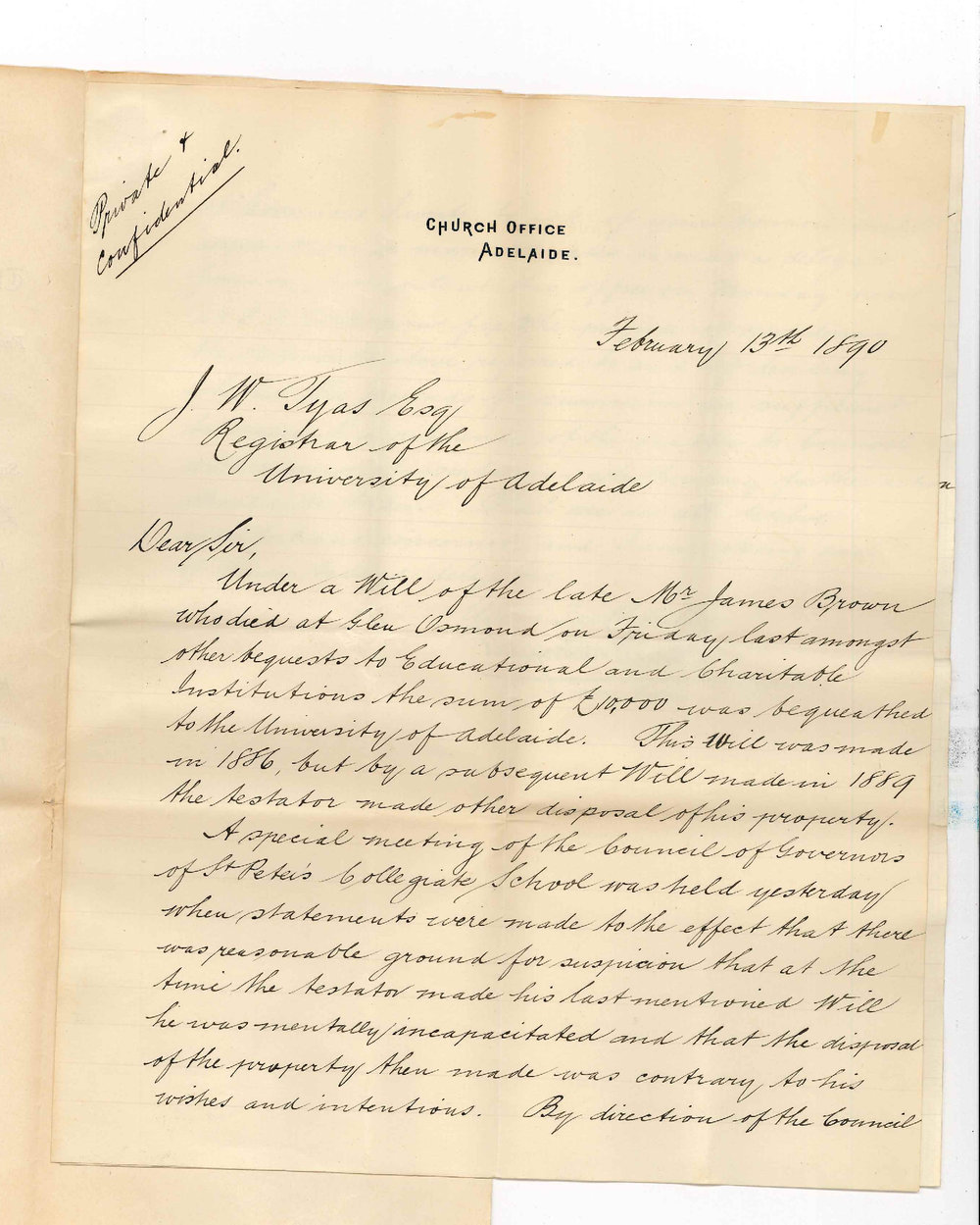 Augustus Sturcke - Secretary SPSC - Regarding Bequest of &pound;10000 to University revoked by subsequent will