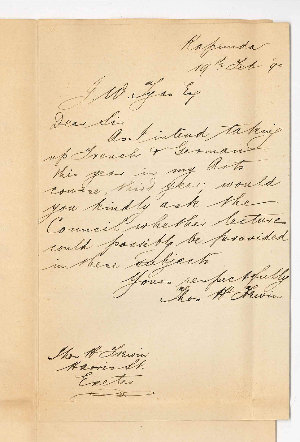 Thomas Hugh Frewin - Kapunda - Takes French and German 3rd year Arts asks that Lectures may be appointed