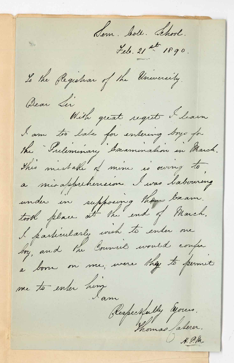 Thomas Caterer - Semaphore - Late entry for Preliminary Examination in March