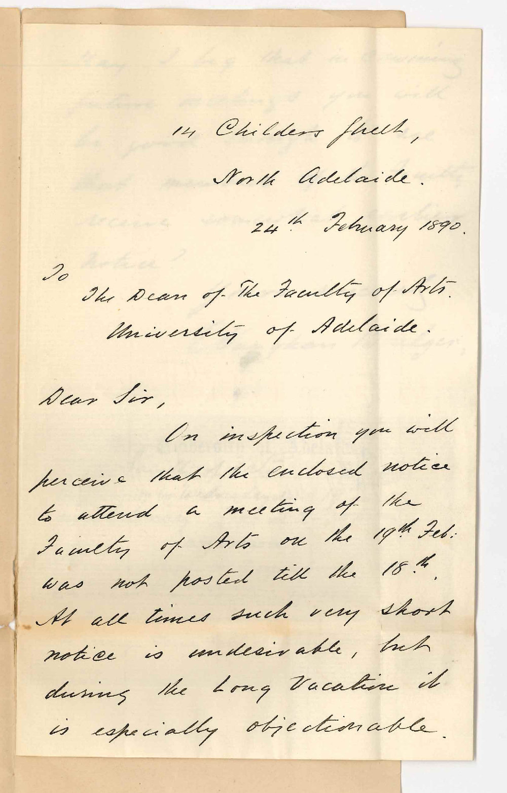 Professor Edward Vaughan Boulger - North Adelaide - Complaining of short notice given for meeting of Faculty of Arts
