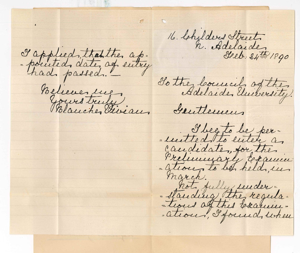 Miss Blanche Vivian - North Adelaide - Late entry for the Preliminary Examination in March