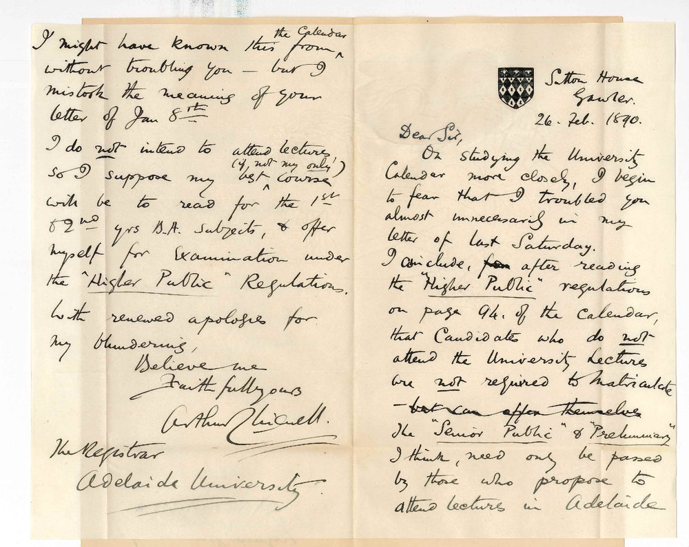 Arthur Chignell - Gawler - Concerning entry for Preliminary Examination in March