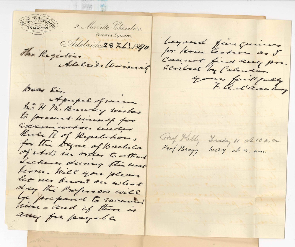 Frederick Augustus d'Arenberg - Victoria Square - Re Viva voce examination for students entering Arts Course