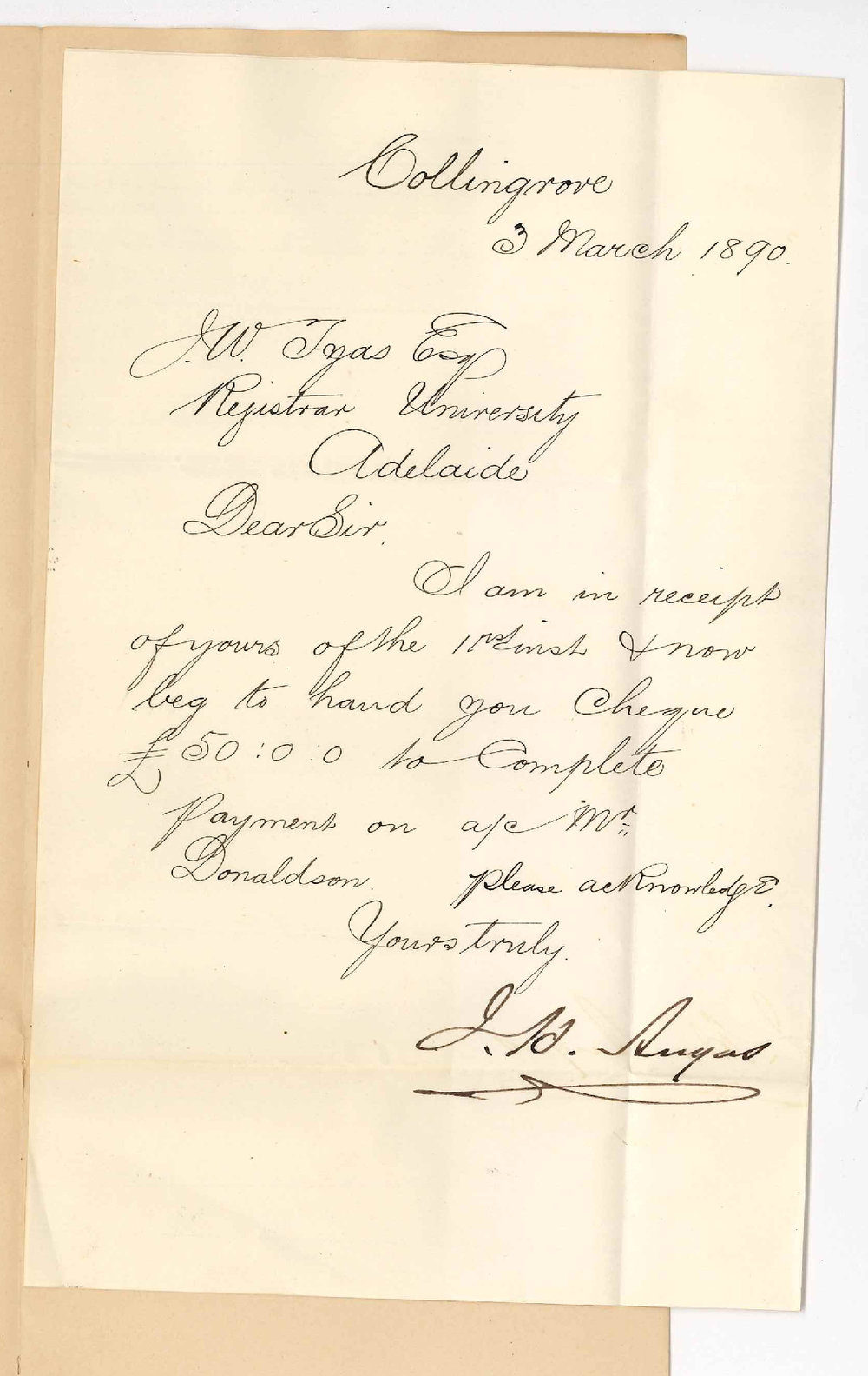 John Howard Angas - Collingrove - Payment of &pound;50 for Angas Scholarship Account Mr Donaldson