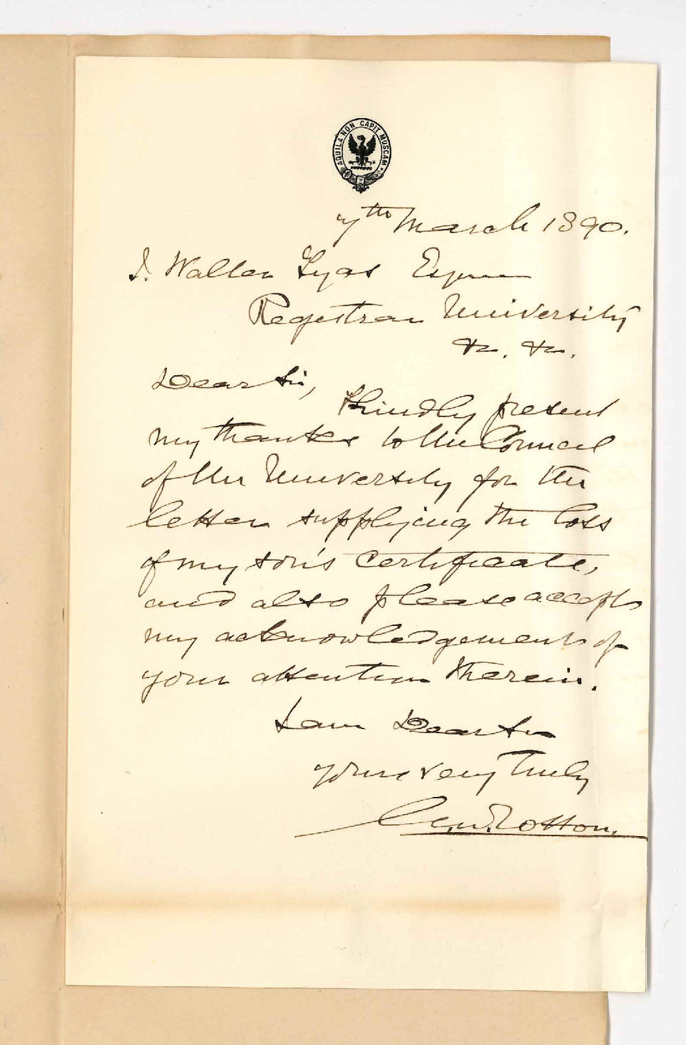 G W Cotton - Adelaide - Thanks Council for letter re loss of sons Certificate