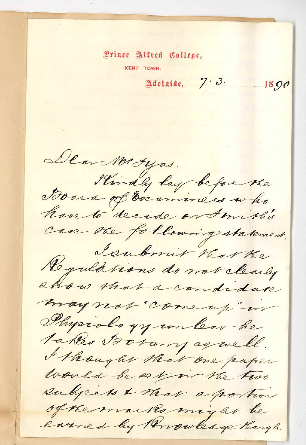 Frederic Chapple - Prince Alfred College - Regarding subject Botany and Physiology for Scholarships examination - Smiths Case