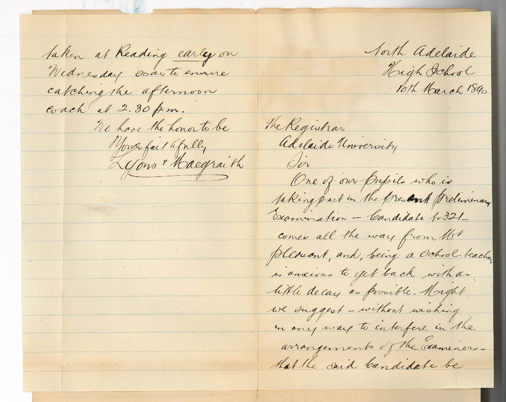 Lyons and Maegraith - North Adelaide - Ask that candidate from Mt Pleasant be taken early for examination