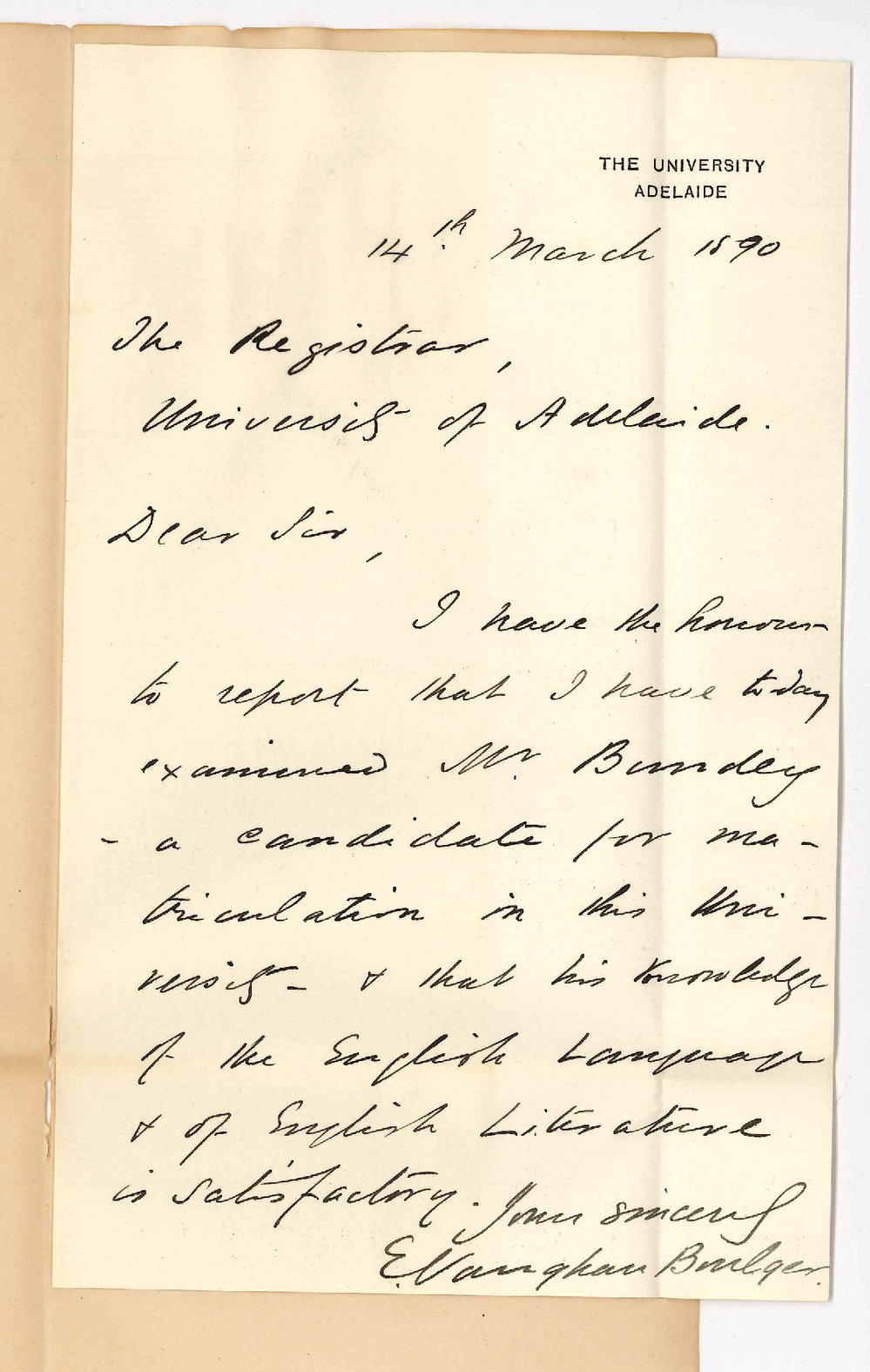 Professor Edward Vaughan Boulger - Adelaide - Report on examination of Mr Bundey for BA Course